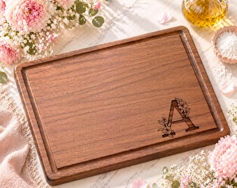 Butcher Block with Floral Monogram, Engraved Cutting Board, Mom Gift, Housewarming Gift for Her, Kitchen Decor, 759