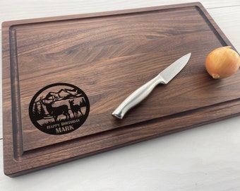 Personalized Cutting Board, Engraved Cutting Board, Buck & Doe, Deer, Mountains, Nature, Birthday Gift, Cheese Board, Hunters Gift, 218