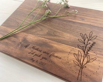 Personalized Cutting Board, Engraved Cutting Board, Mothers Day Gift, Happy Mothers Day, Minimalistic Flower Design, Gift for Mom, 151