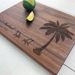 Personalized Cutting Board, Engraved Cutting Board, Palm Trees and Beach Design for Retirement Gift, Corporate Gift, Happy Retirement 056