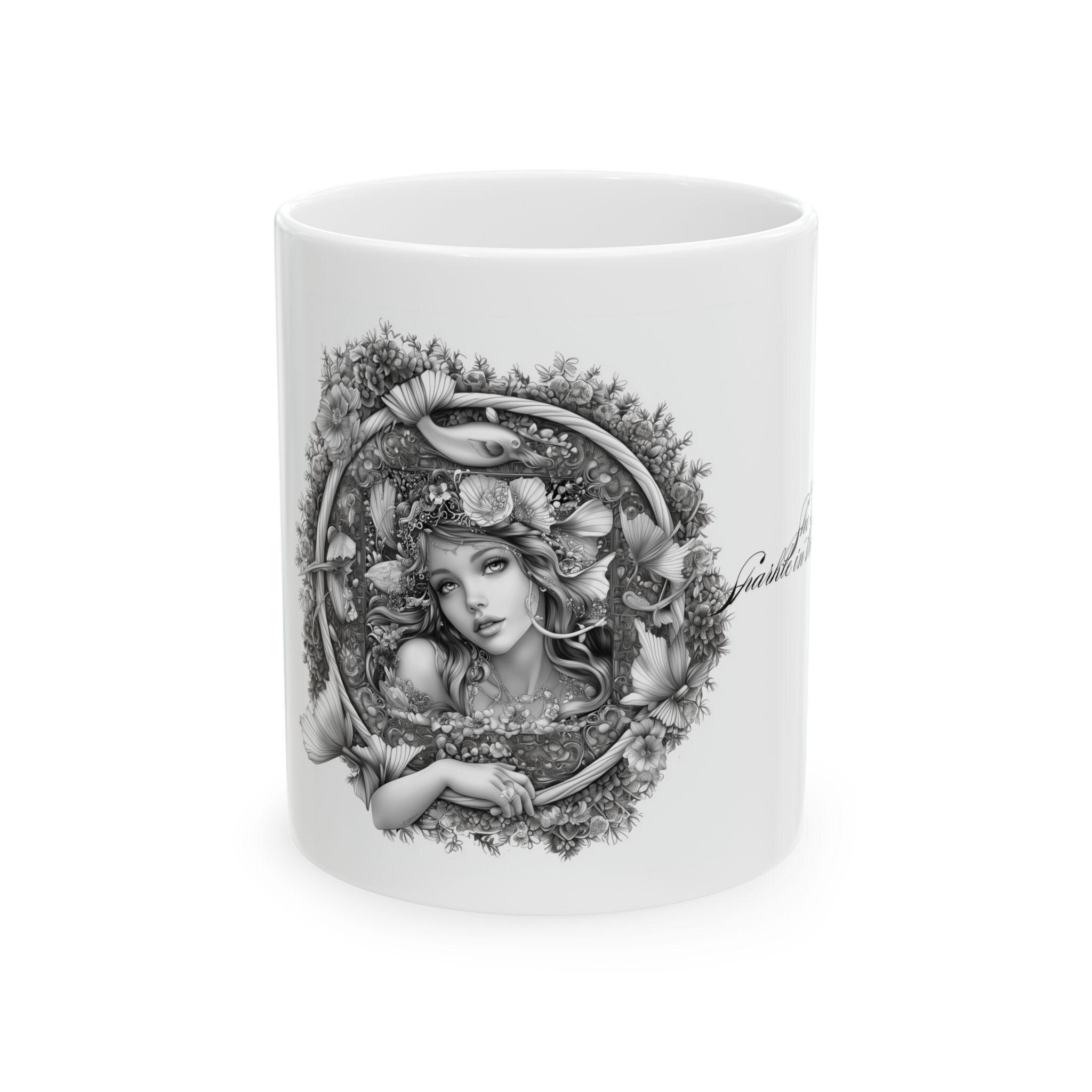 Siren Mermaid Ceramic Mug, Morning Coffee Cup, Greyscale Drinkware, Small Gift Idea, Kitchen Decor