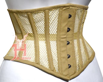 Corset sous le buste en maille de coton beige pour femmes, fait à la main, désossé en acier, entraînement à la taille, en forme de sablier, Hi-46BC