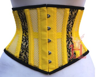 belles femmes Underbust maille jaune avec de beaux adeptes noirs corsets à bretelles en maille acier désossé vraiment taille formateur corsets Hi-46YCM