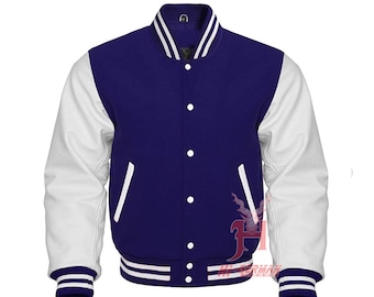 Varsity Letterman Baseball Navy Wool Véritable Blanc Manches en cuir Veste XS ~ 7XL Veste universitaire en laine avec de vraies manches en cuir de vachette