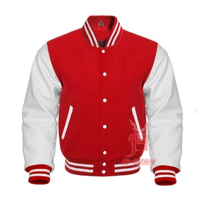 Varsity Letterman Baseball Red Wool Genuine White Leather Sleeves Jacket XS ~7XL Collegejacke aus Wolle mit echten Rindslederärmeln
