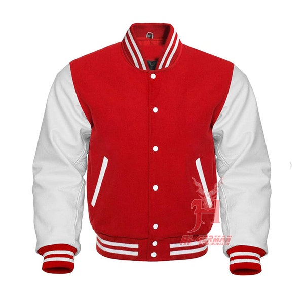 Varsity Letterman Baseball Red Wool Véritable Blanc Manches en cuir Veste XS ~ 7XL Veste universitaire en laine avec de vraies manches en cuir de vachette