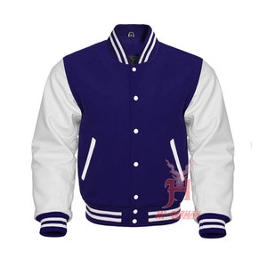 Varsity Letterman Baseball Navy Wool Véritable Blanc Manches en cuir Veste XS 7XL Veste universitaire en laine avec de vraies manches en cuir de vachette image 1