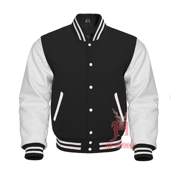 Handmade Varsity Letterman Baseball in Black Wool Genuine White Leather Sleeves Jacket XS ~7XL Men's Women's Kid's Letterman jackets