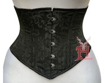 Corsage sous le buste en brocart noir pour femmes, fait à la main, désossé en acier, taille courbée, Corset Hi-162, Corsage sous le buste, brocart noir