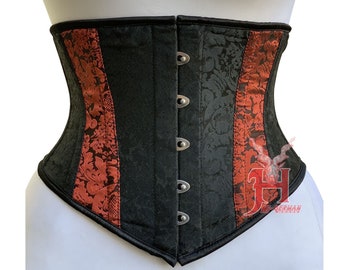 Handmade Women's Underbust Black Red Brocade Steel Boned Corset Truly Waist Cincher Corsets Hi-160