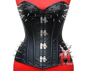 Women Heavy Leather Spiked Corset Vollbrust Leder corsage Genuine Leather Steel Boned Over Bust Waist Training Corset Claps Closure Hi-014