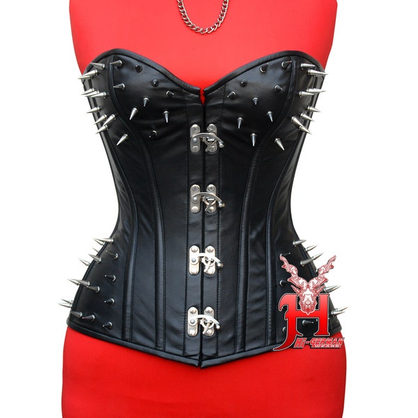 Women Heavy Leather Spiked Corset Overbust Leather Corsage Genuine Leather Steel Boned Over Bust Waist Training Corset Claps Closure Hi-014