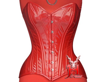 Hecho a mano forma de corazón mujeres negro rojo PVC Overbust doble acero deshuesado busto completo cintura entrenador corsé Overbust corsé ramillete charol rojo