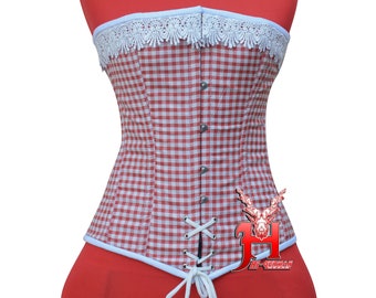 Sweetheart Women Red checkered Cotton Overbust corsets Steel Boned Waist Training Corsets Hi319 Overbust Corset Red White Cotton Corsage