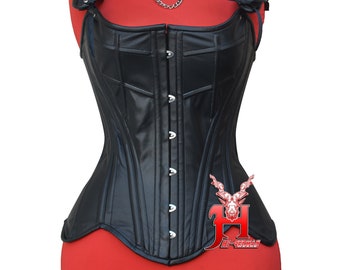 Women Leather Overbust Corsets Steel Boned OverBust Waist Trainer Korsett Hi-94 Vollbrustkorsett Schwarz Leder Schnürkorsett Träger Kragen