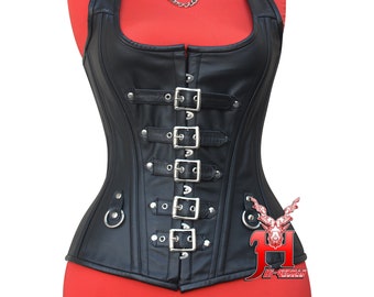 Steampunk Corset Femme Spirale Acier Désossé Goth Rétro Overbust Bustier Sangles en Cuir Noir Corset avec boucle avant Corset en cuir pleine poitrine