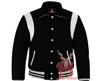 Handmade Men's Varsity Byron Collar Black Woolen White Leather Stripes Baseball Bomber Letterman Jacket Men's Women's Kid's college jackets