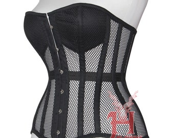 Handmade Women Black Mesh Cotton Overbust Steel Boned Waist Trainer Corsets Hi-20 Vollbrustkorsett corsage Baumwolle Weiß Schwarz Netz