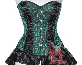 Corset en Satin vert et noir pour femmes, fait à la main, surbuste, désossé en acier, entraînement à la taille, Hi-06, Top Corset