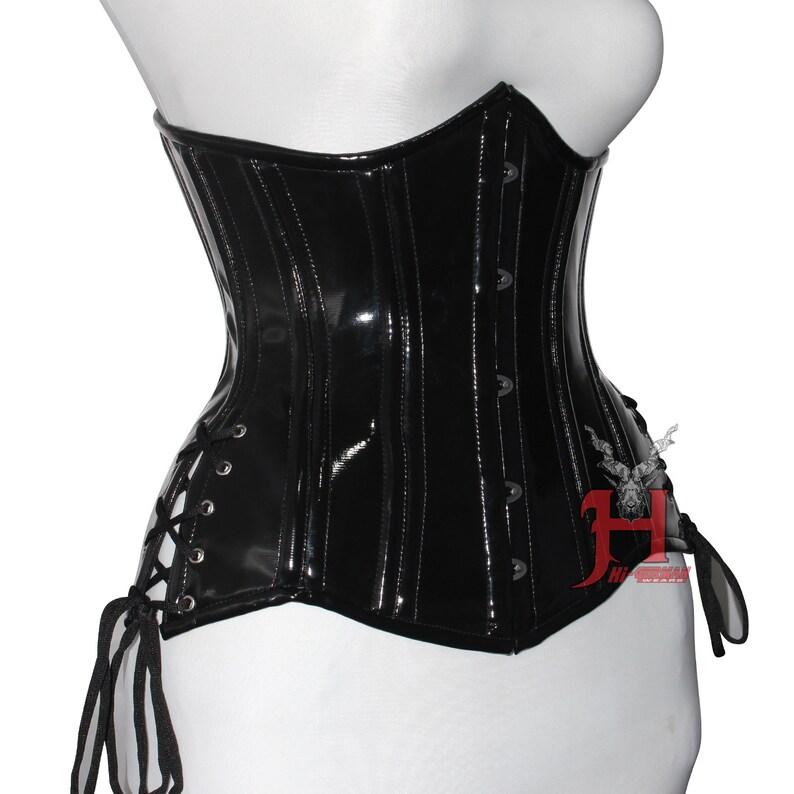 Queen Women PVC Patent Underbust corsets Double Steel Boned Waist Trainer Black PVC Corset Hi-04BP Underbust Corsage black patent corset image 3