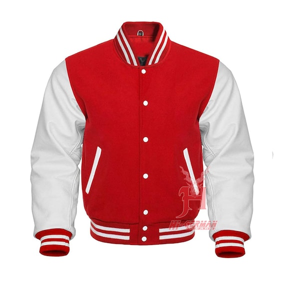 Varsity Letterman Baseball Red Wool Genuine White Leather Sleeves Jacket XS  7XL Chaqueta universitaria de lana con mangas de cuero de vaca real -   México