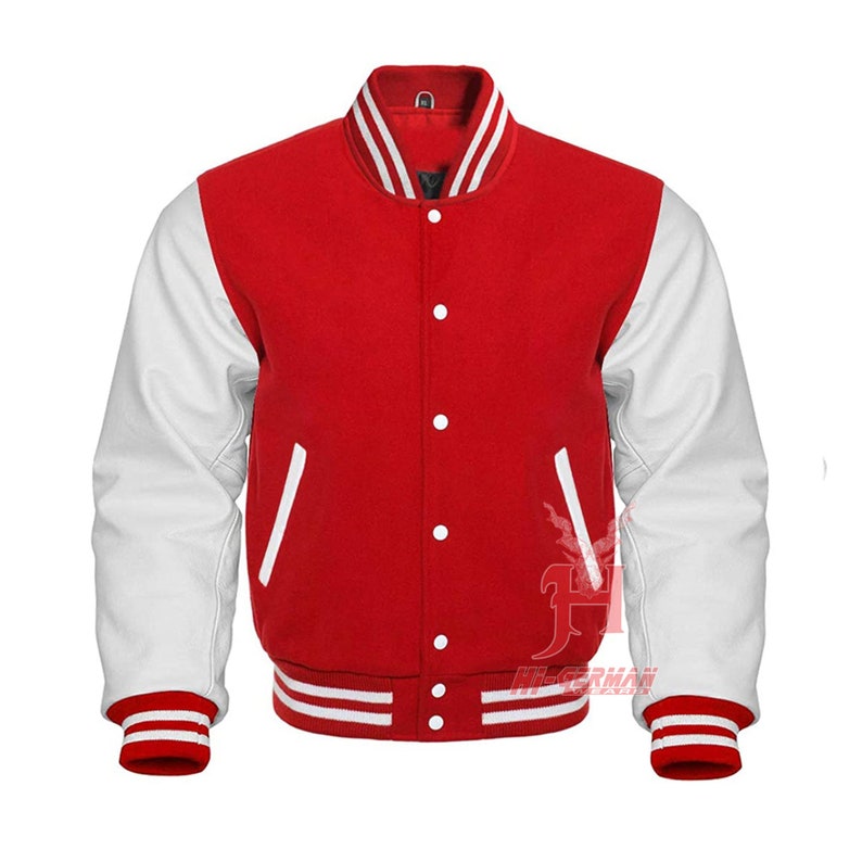 Varsity Letterman Baseball Red Wool Véritable Blanc Manches en cuir Veste XS 7XL Veste universitaire en laine avec de vraies manches en cuir de vachette image 1