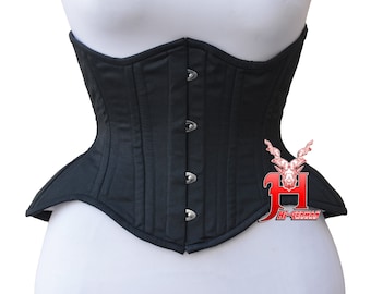 Women Victorian Underbust Corset Black Cotton Waist Training Corset Double Row Steel Boned Corset Hi-44 Unterbrust Corsage Schwarz Korsett