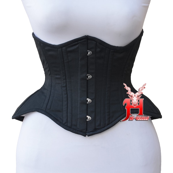 Women Victorian Underbust Corset Black Cotton Waist Training Corset Double Row Steel Boned Corset Hi-44 Unterbrust Corsage Schwarz Korsett