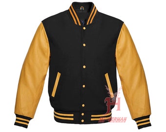 Handmade Varsity Letterman Baseball Black Wool Genuine Gold Leather Sleeves Jacket XS ~7XL Men's Women's Kid's Letterman jackets