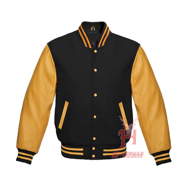 Handmade Varsity Letterman Baseball Black Wool Véritable Or Cuir Manches Veste XS ~ 7XL Vestes Letterman pour enfants pour hommes