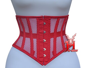 Fait à la main femmes rouge coton maille sous le buste en acier désossé vraiment taille formateur Corsets sous le buste Corset Corsage coton bleu maille