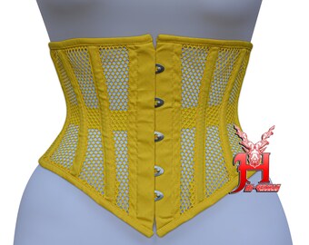 Corset sous le buste en maille de coton jaune pour femmes, fait à la main, désossé en acier, véritable corset d'entraînement à la taille