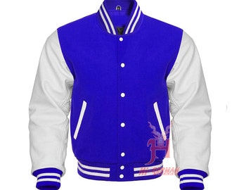 Nouveau Varsity Letterman Baseball Rétro Bleu Royal Laine & Blanc Manches En Cuir Letterman Bomber Jacket