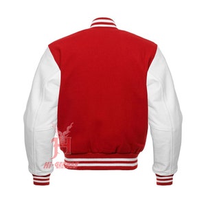 Varsity Letterman Baseball Red Wool Véritable Blanc Manches en cuir Veste XS 7XL Veste universitaire en laine avec de vraies manches en cuir de vachette image 2