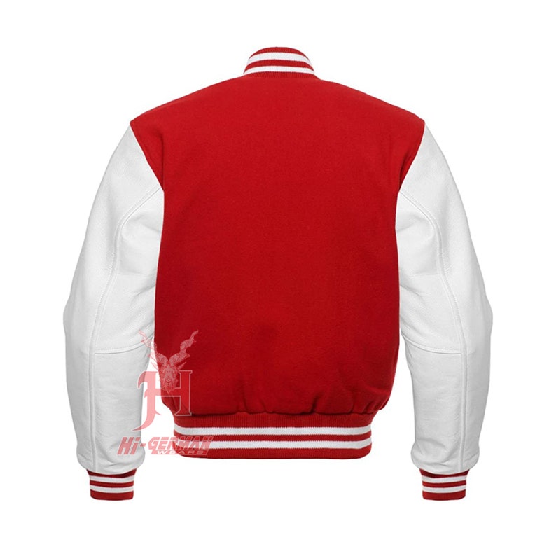 Varsity Letterman Baseball Red Wool Véritable Blanc Manches en cuir Veste XS 7XL Veste universitaire en laine avec de vraies manches en cuir de vachette image 2