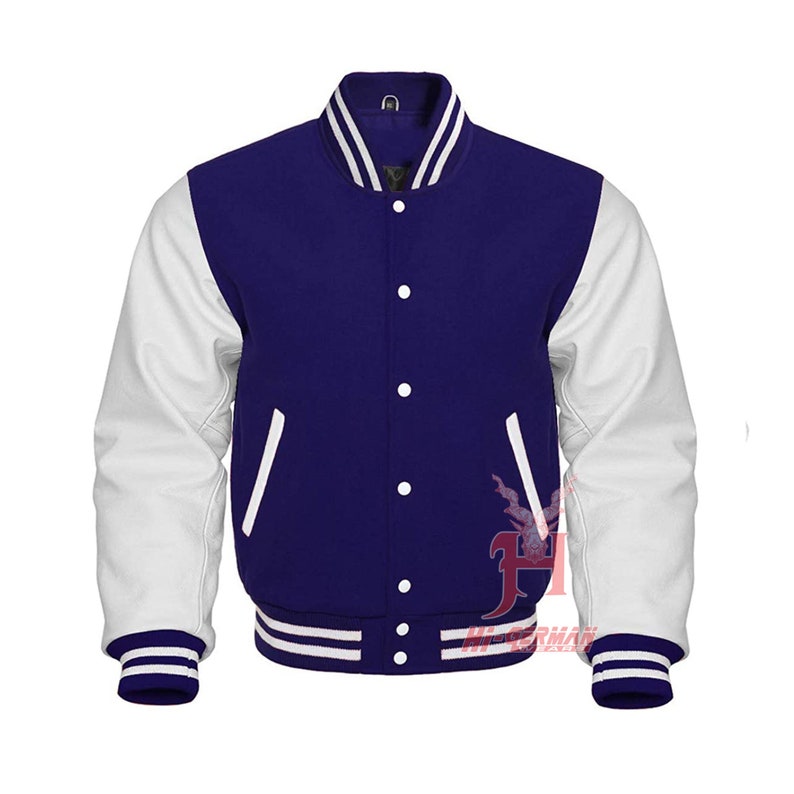 Varsity Letterman Baseball Navy Wool Véritable Blanc Manches en cuir Veste XS 7XL Veste universitaire en laine avec de vraies manches en cuir de vachette image 1