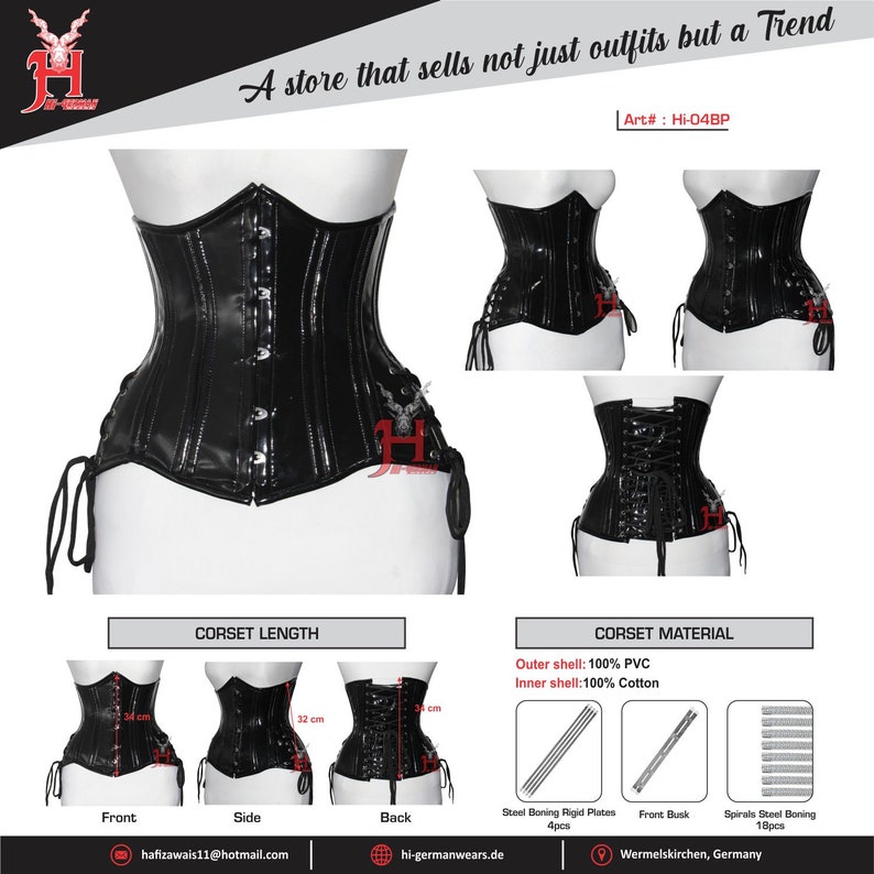 Queen Women PVC Patent Underbust corsets Double Steel Boned Waist Trainer Black PVC Corset Hi-04BP Underbust Corsage black patent corset image 5