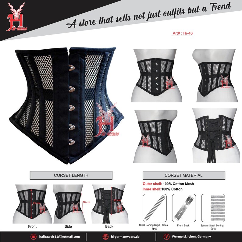 Corset sous le buste en maille pour femmes, désossé en acier robuste, entraînement à la taille, en forme de sablier, Hi46 Underbust Corset Corsage Black Mesh image 9