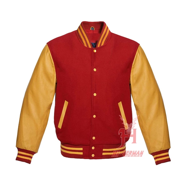Varsity Letterman Baseball Red Wool Genuine Gold Leather Sleeves Jacket XS ~7XL Collegejacke aus Wolle mit echten Rindslederärmeln