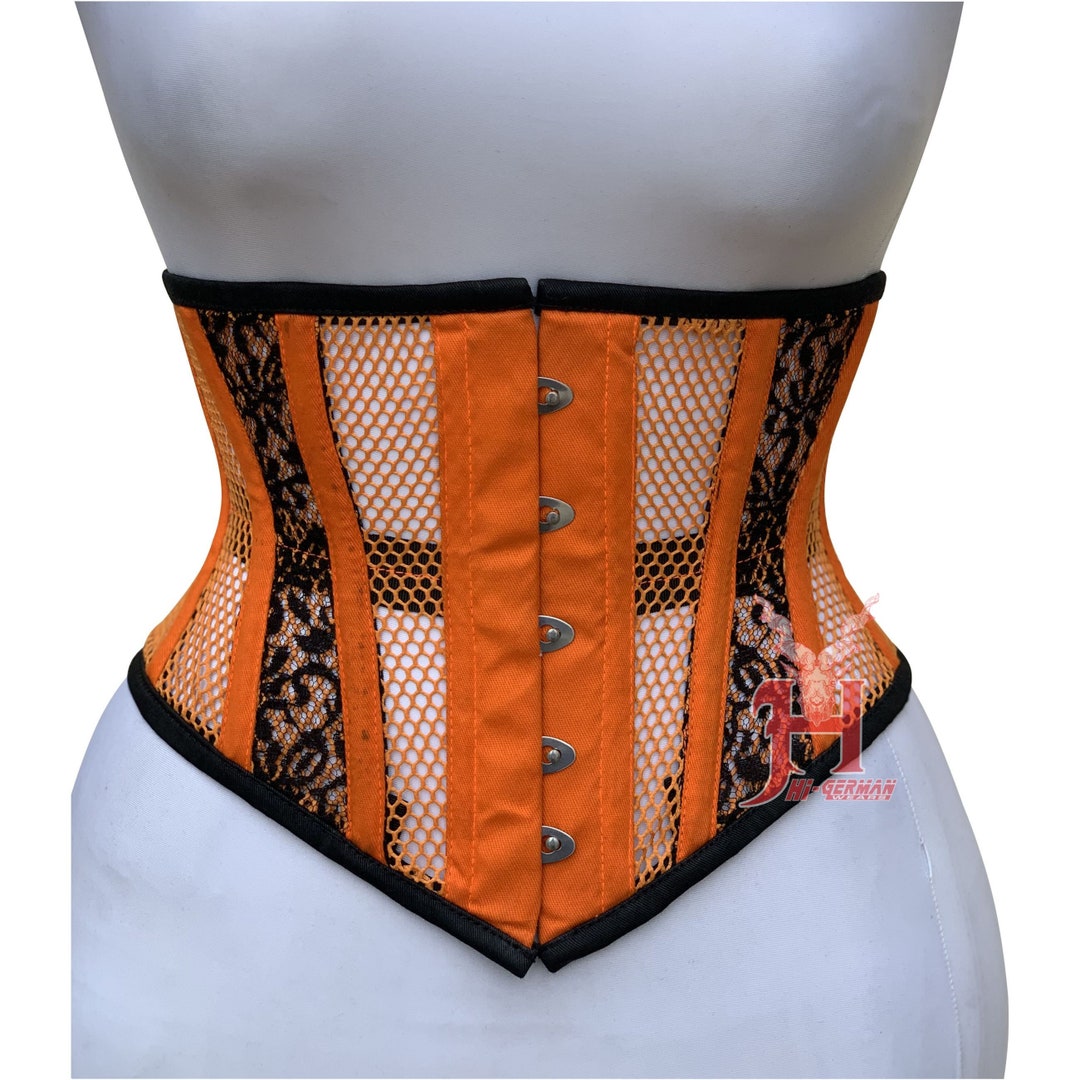 Handmade Women's Bustiers Underbust Orange Mesh Black Lace up Followers