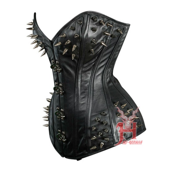 Women Heavy Leather Spiked Corset Overbust Leather Corsage Genuine