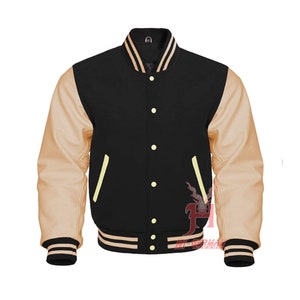 Varsity Letterman Baseball Bomber Laine noire et manches en cuir véritable crème Veste Varsity Men's Women's Kid's Letterman College Jackets image 1