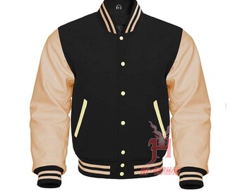 Varsity Letterman Baseball Bomber Laine noire et manches en cuir véritable crème Veste Varsity Men's Women's Kid's Letterman College Jackets