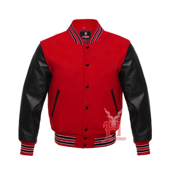 Varsity Letterman Baseball Bomber Red Wool and Genuine Black Leather Sleeves Jacket Varsity Men's Women's Kid's Letterman college jackets