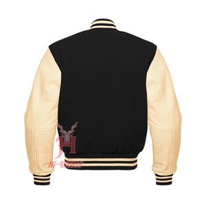 Varsity Letterman Baseball Bomber Laine noire et manches en cuir véritable crème Veste Varsity Men's Women's Kid's Letterman College Jackets image 2