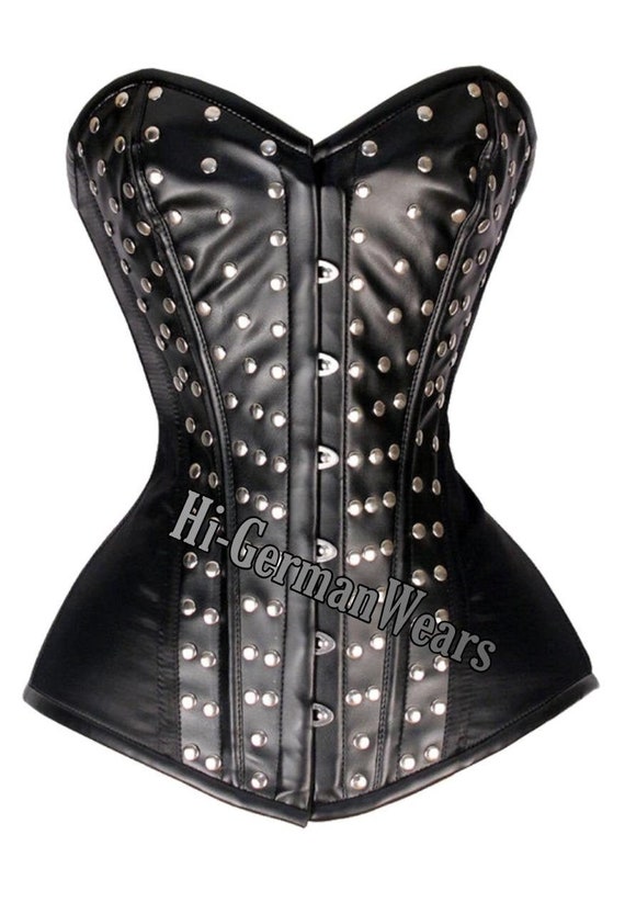 Handmade Women Black Faux Leather Satin Overbust Corsets Steel