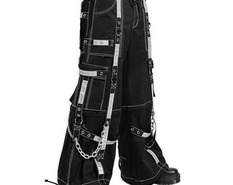 Men's Gothic Threads Reflective Pant Black Punk Buckle Zips Chain Strap Punk Trousers with understated Gothic Pants Hi-405-GT