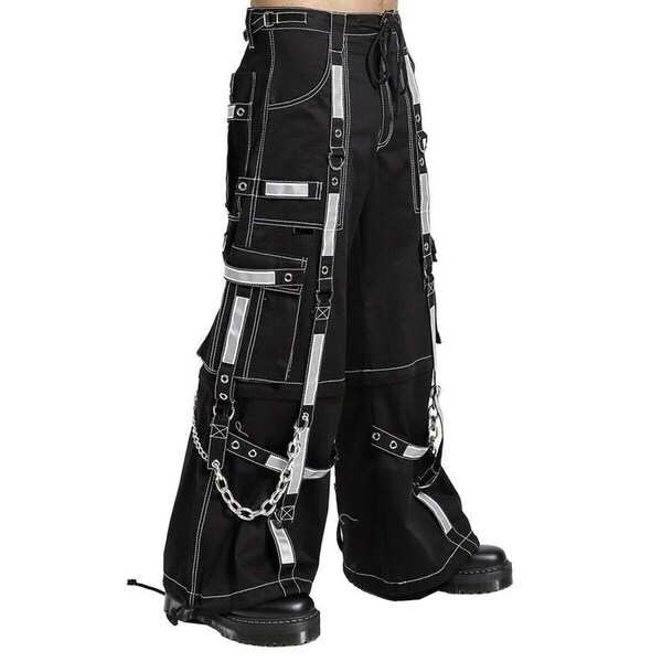 Men's Gothic Threads Reflective Pant Black Punk Buckle Zips Chain Strap Punk Trousers with understated Gothic Pants Hi-405-GT