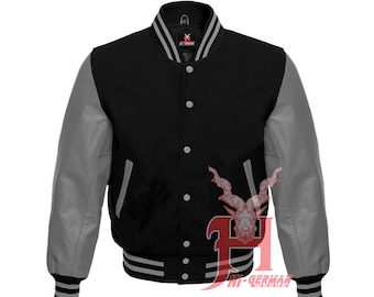 Varsity Letterman Baseball Black Wool Genuine Gray Leather Sleeves Jacket Varsity Men's Women's Kid's Letterman collage jackets