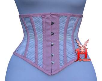 Femmes faites à la main sous le buste bébé rose maille coton corsets acier désossé vraiment taille formateur corsets sous le buste Corset corsage coton bleu maille